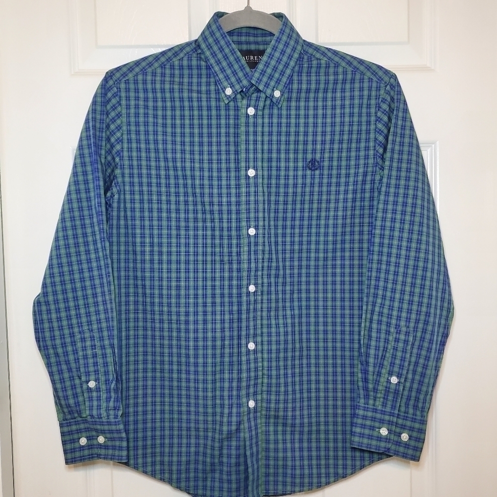 Ralph Lauren Black Label Button Down Shirt Size 16 Blue Green Plaid